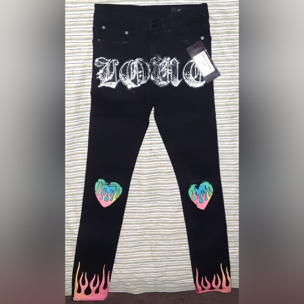 L.O.V.E. barbwire hearts, black, blinged LOVE, size 28, new, jeans